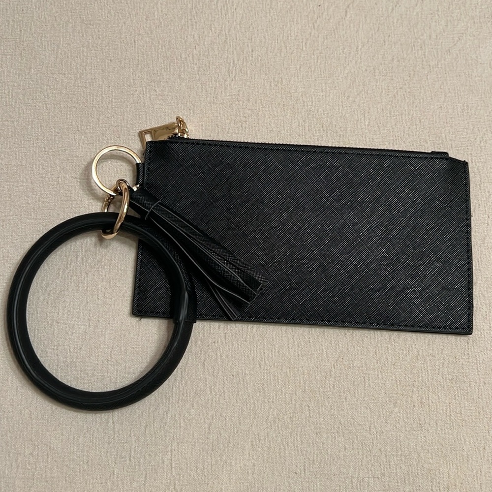 NWOT Black Wristlet with Zip Closure and Tassel Three Slot Card Wallet